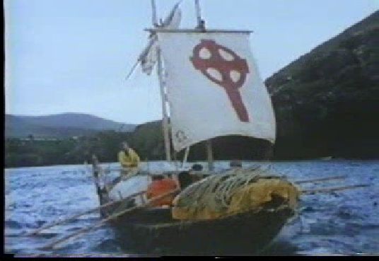 Modern replica of Irish  traditional curragh <i>Brendan</i>, setting sail from Brandon Creek. 1976
